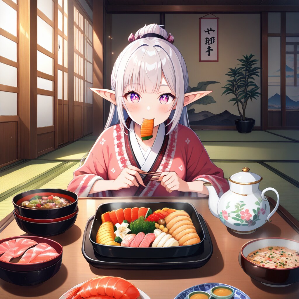 おせち料理を食べるエルフの女の子