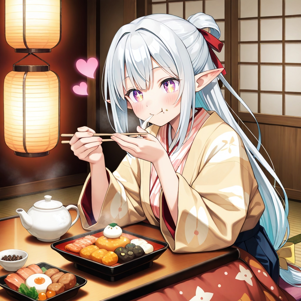 おせち料理を食べるエルフの女の子