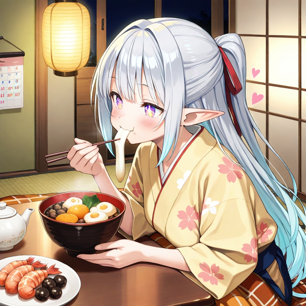おせち料理を食べるエルフの女の子