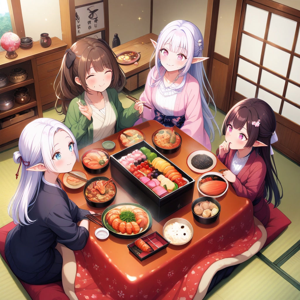 おせち料理を食べるエルフの女の子