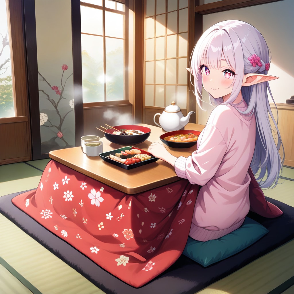 おせち料理を食べるエルフの女の子