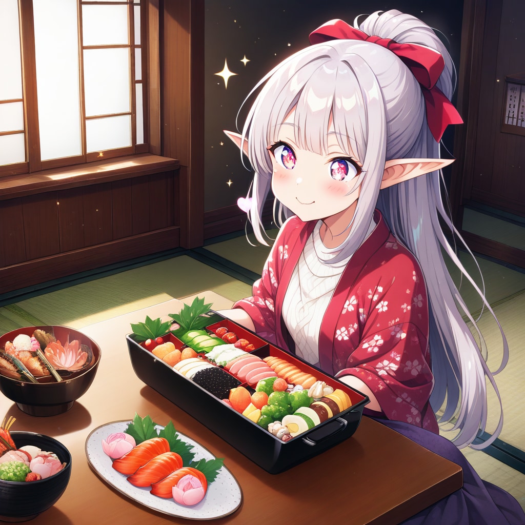 おせち料理を食べるエルフの女の子