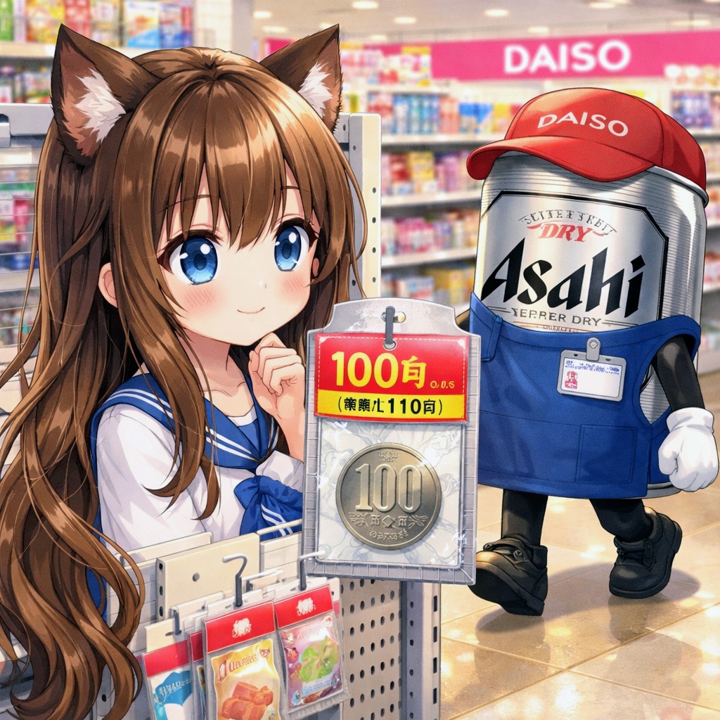 百均で100円玉を買うか悩む小さな女の子