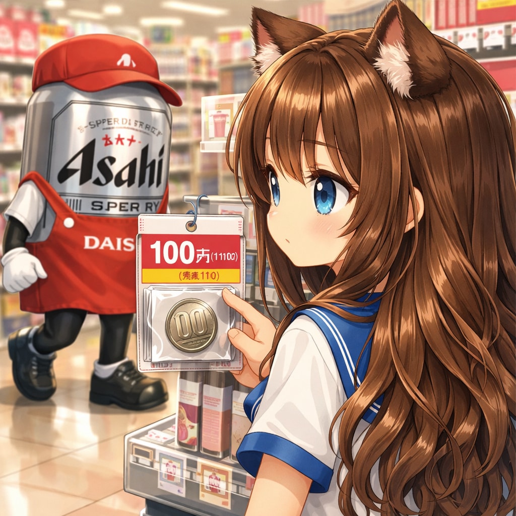 百均で100円玉を買うか悩む小さな女の子