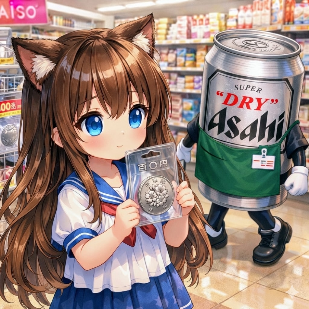 百均で100円玉を買うか悩む小さな女の子