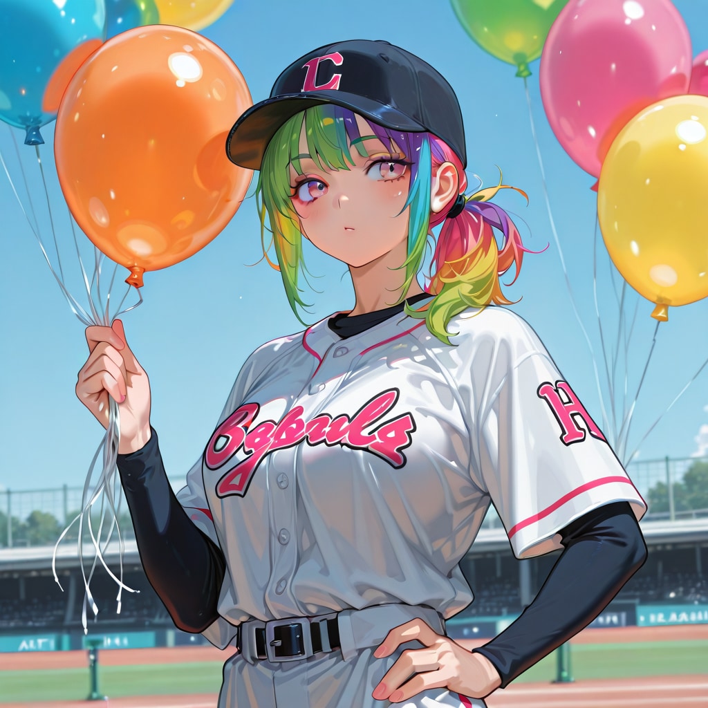 いっぱい色とりどりの風船を持つ野球ユニフォーム着た美少女 | の人気AIイラスト・グラビア