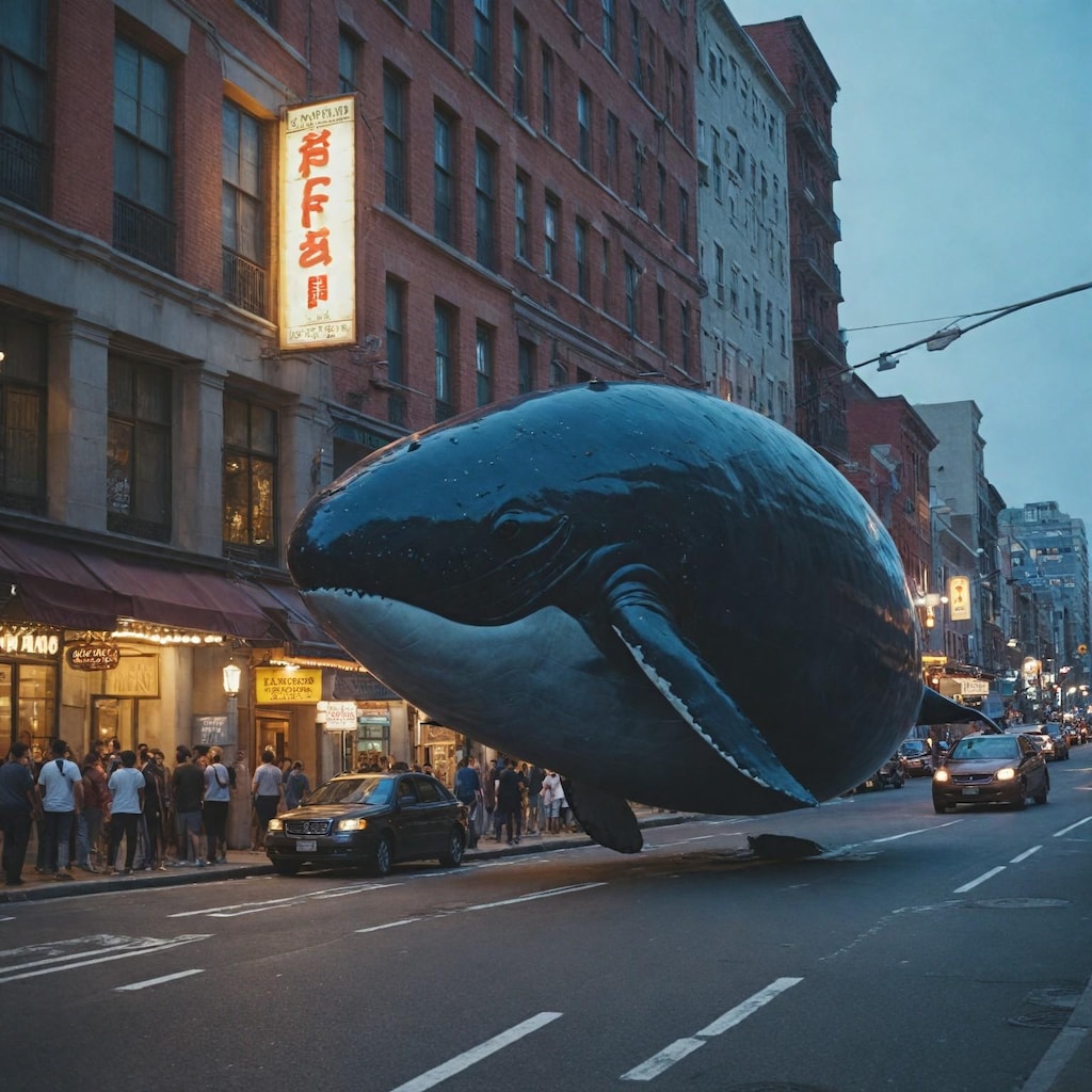 Whale floats in the air in the streets of the city