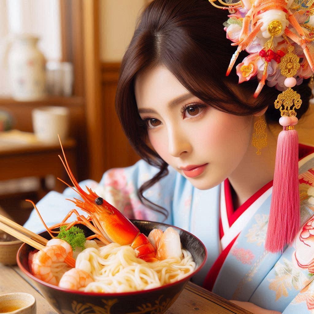 着物美人とseafood noodle