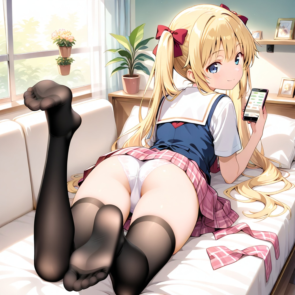ベッドで白パンツ晒してスマホ見る金髪JK
