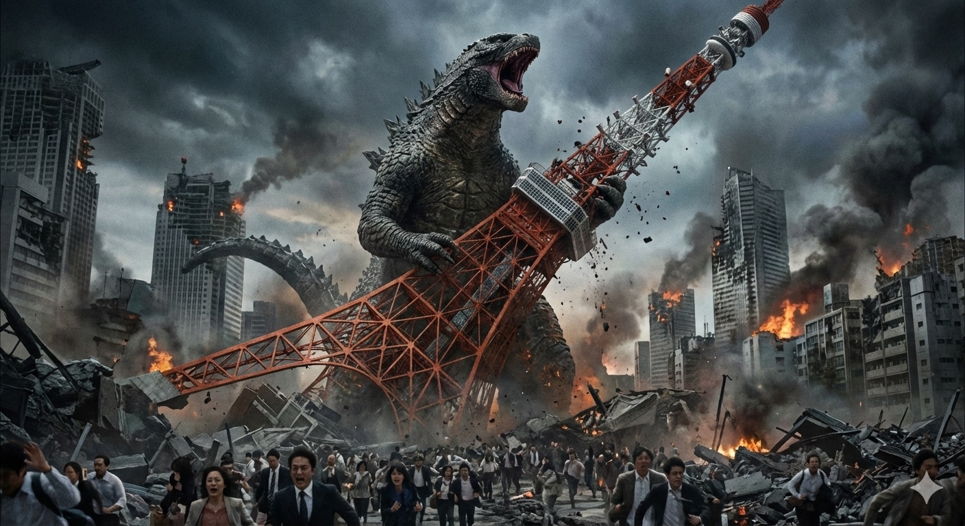 【お試し生成】　ゴジラ、東京タワーを破壊する。 | の人気AIイラスト・グラビア