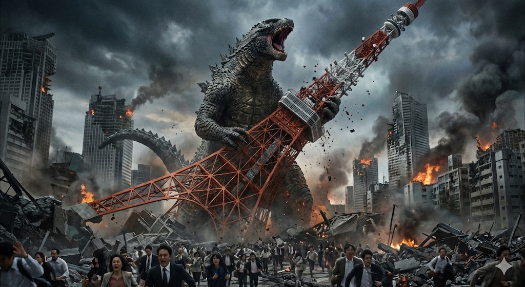 【お試し生成】ゴジラ、東京タワーを破壊する。