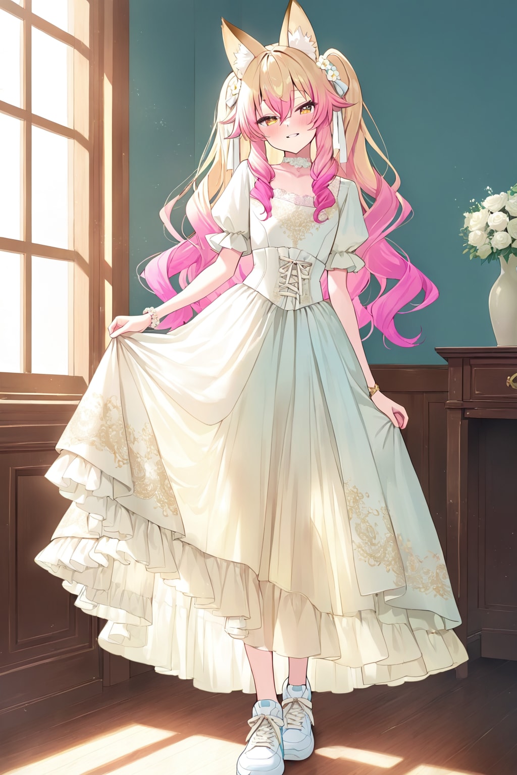 Mira in a white dress