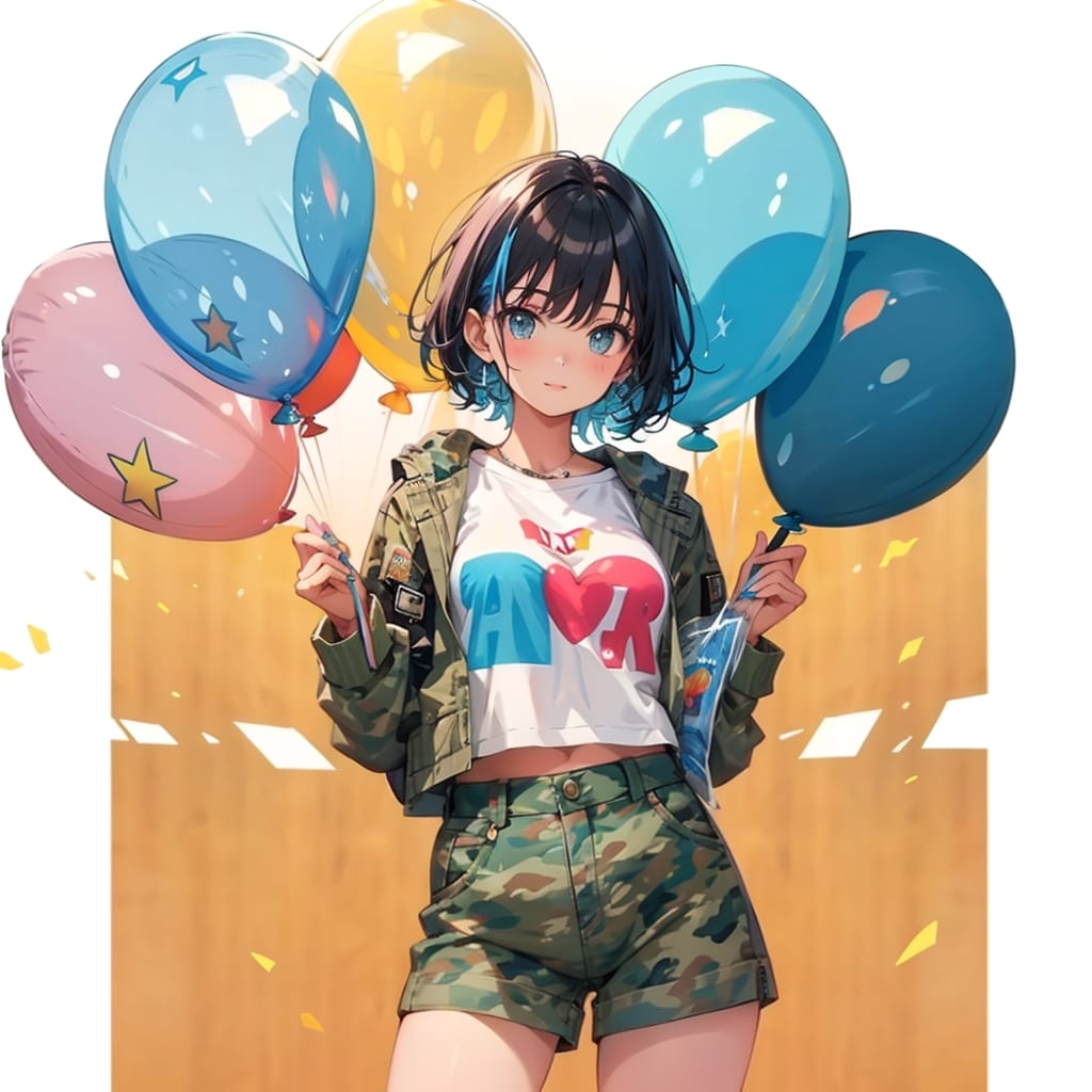 いっぱい色とりどりの風船を持つ迷彩服着た美女 | の人気AIイラスト・グラビア