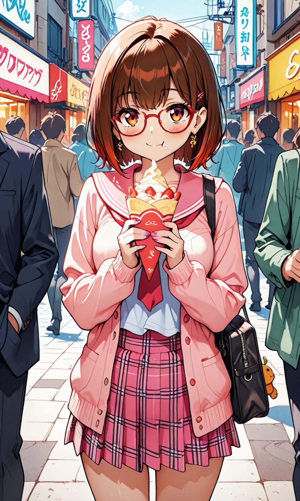 ピンクセーラー服で食べ歩き