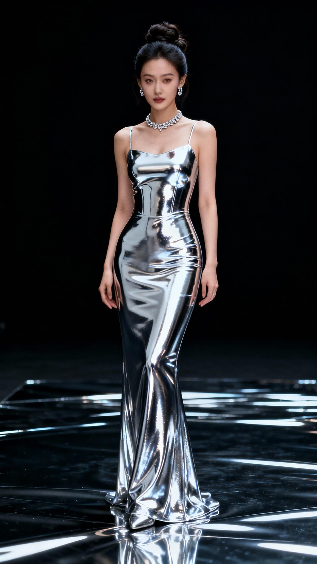 磨き抜かれた鏡の様な金属で出来た淑女全身写真