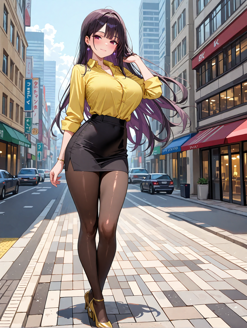 黄色いシャツと黒いスカート