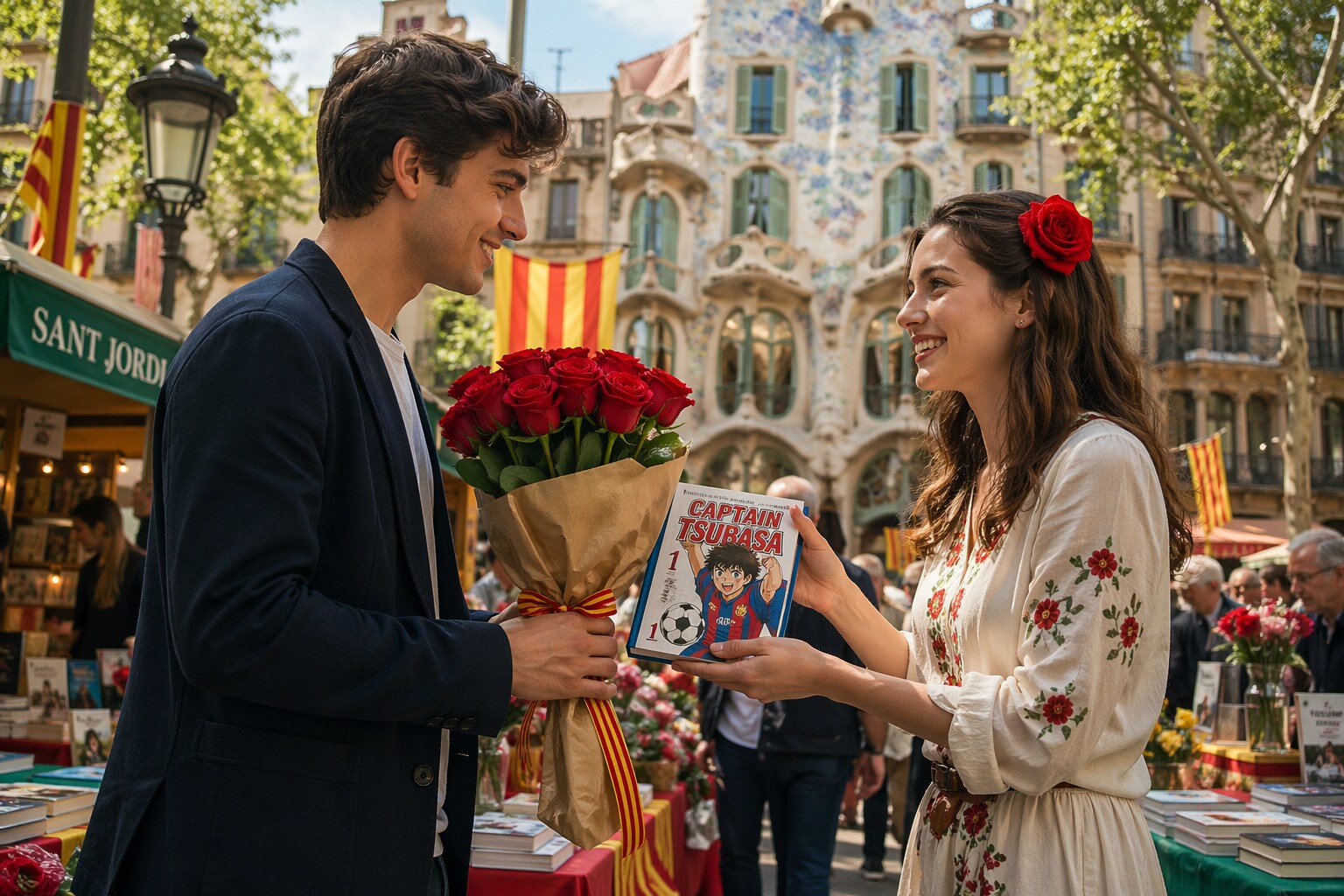 サン・ジョルディの日（カタルーニャ地方）らし男性がバラを女性が本を贈るらしいですいです。