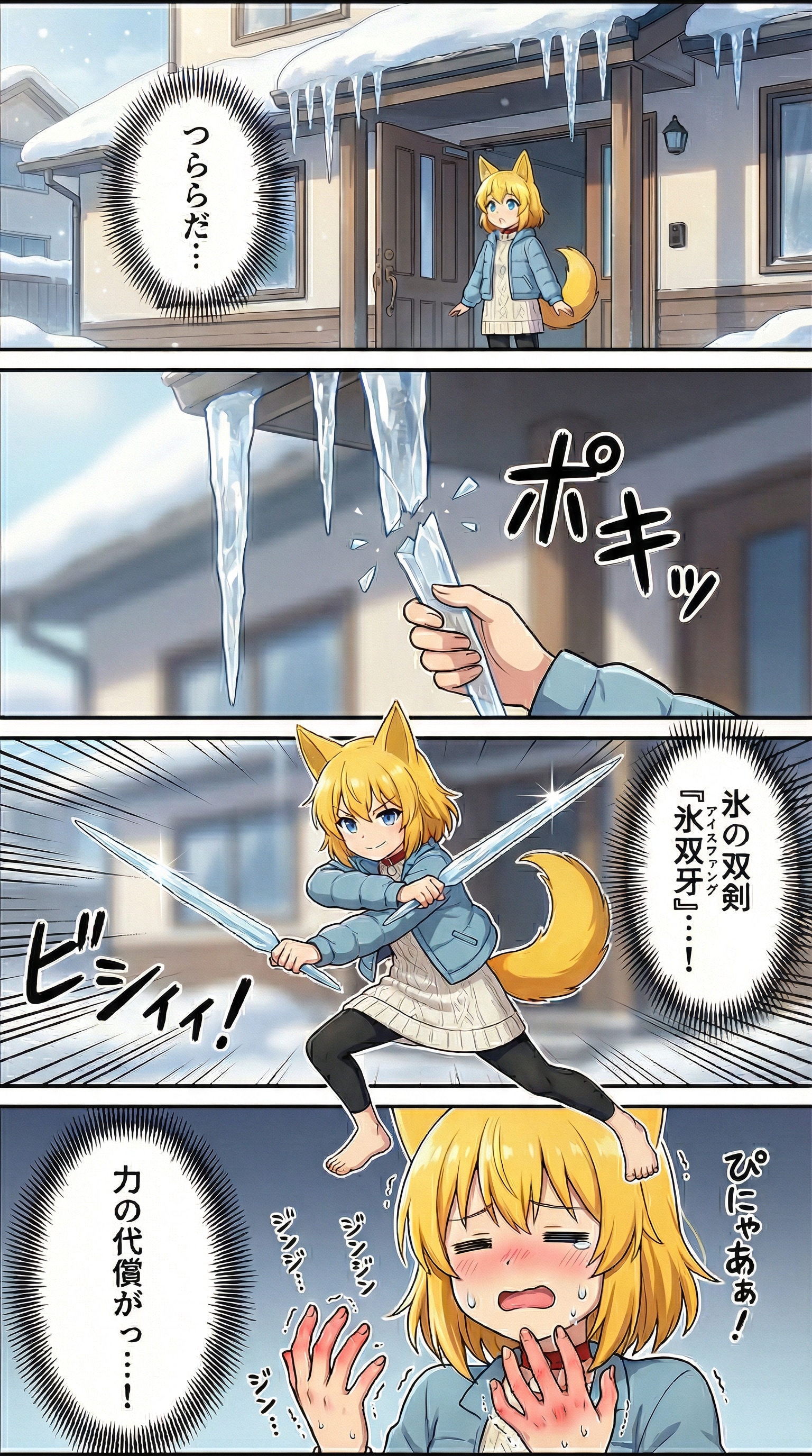 雪がふわふわ降り積もった玄関先に出てみたら頭上からつららが朝日を反射してキラキラと輝いているのを見つけてしまいこれは… | の人気AIイラスト・グラビア