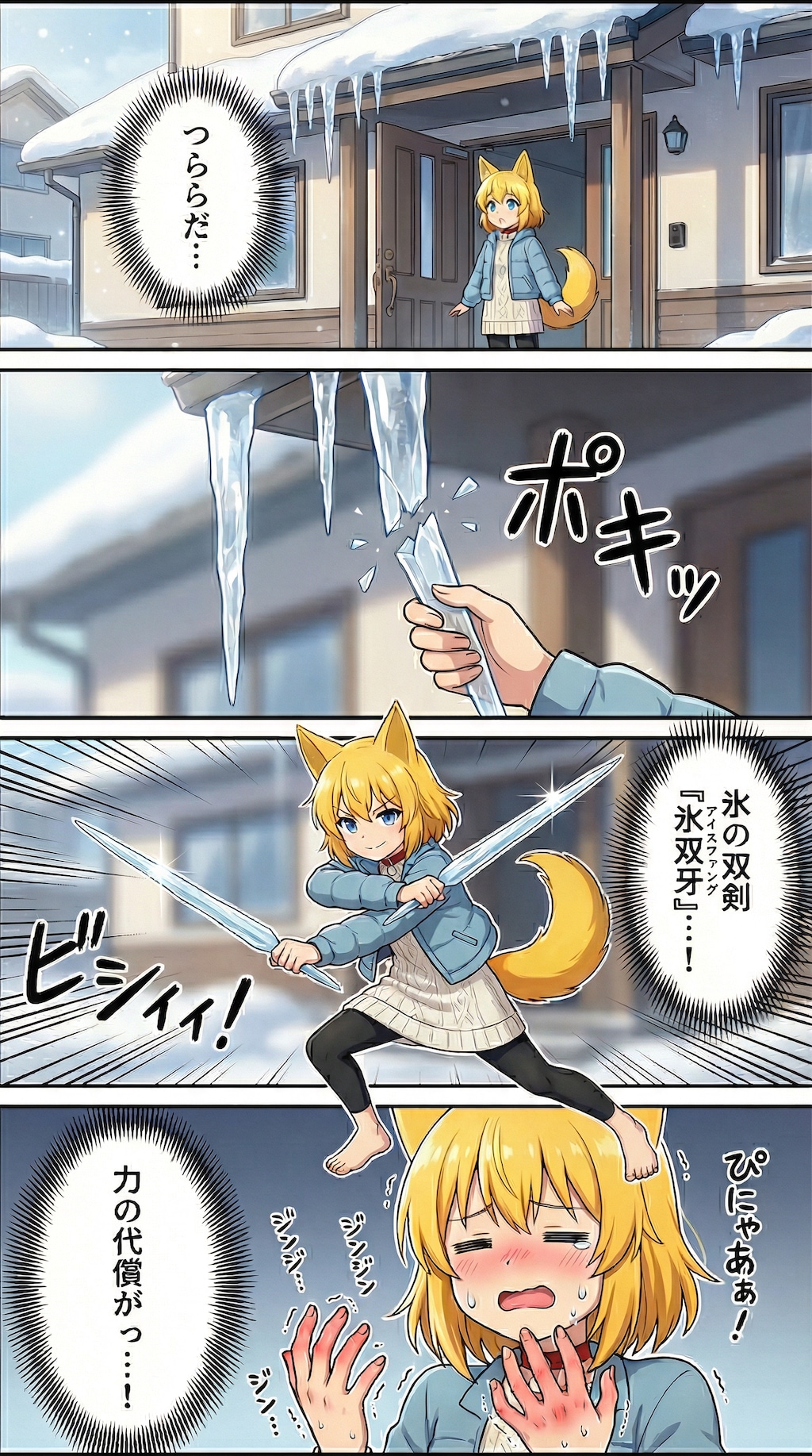 雪がふわふわ降り積もった玄関先に出てみたら頭上からつららが朝日を反射してキラキラと輝いているのを見つけてしまいこれは…