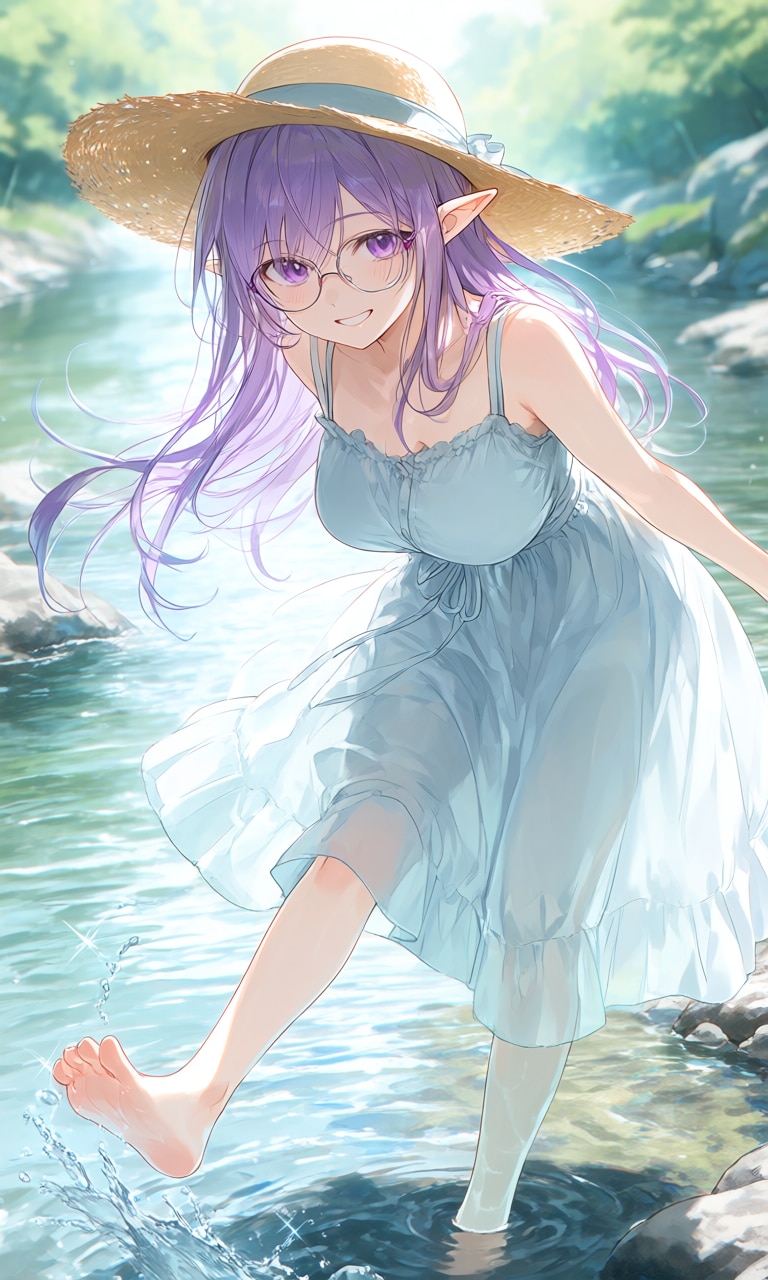 小川で水遊び