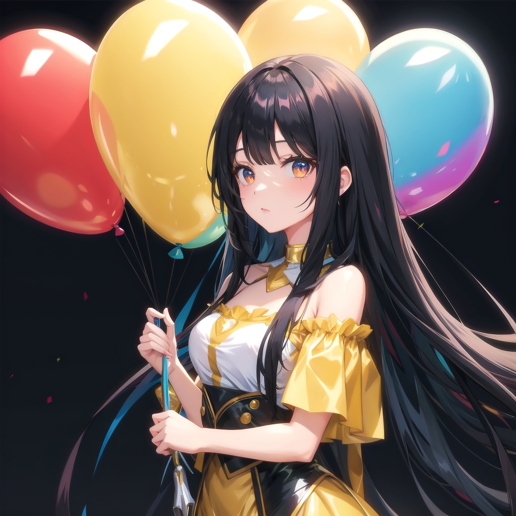 色とりどりの風船を持つ黒髪ロングのお雛様の衣装着た美女