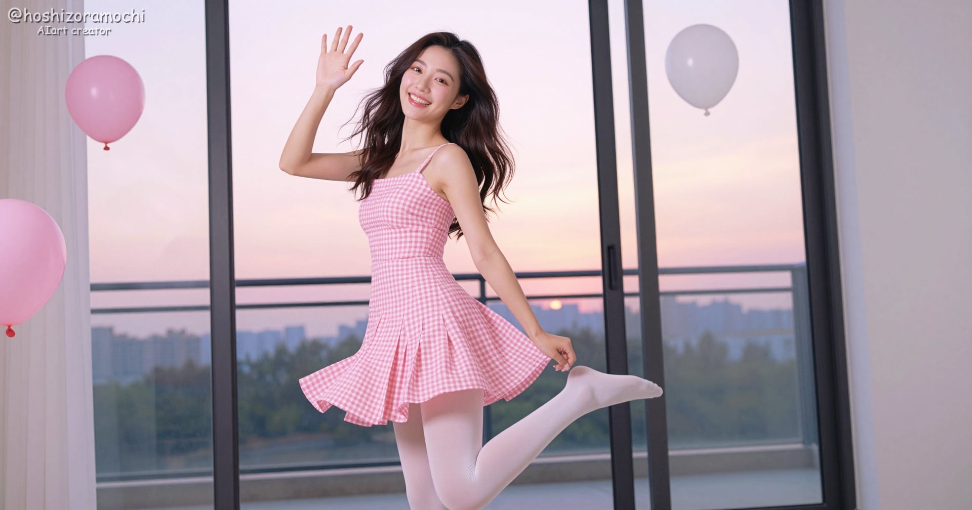 ピンクチェックのミニドレスで弾む午後。夕暮れに溶けるピュア＆フェミニンなAI美少女 | の人気AIイラスト・グラビア