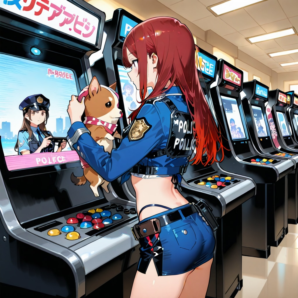 犬に機嫌取りをしてゲームをする警官を操作するアーケードゲームをする警察系女子 | の人気AIイラスト・グラビア