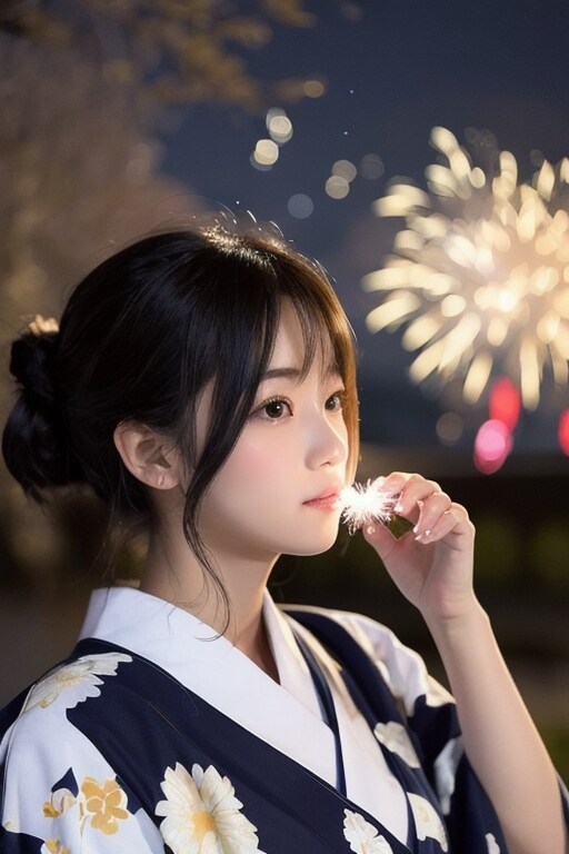 浴衣と花火と星空と女性と