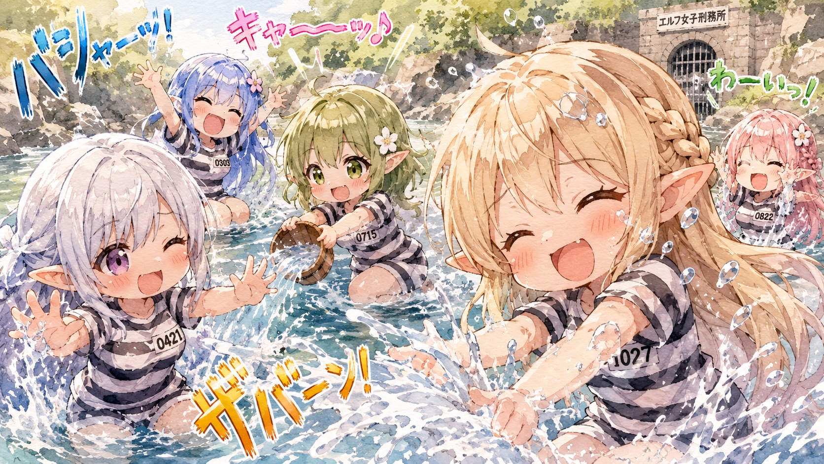 【サマーバ刑ション３】エルフ女子刑務所、今日は特別に川遊びを許可するって（水彩画風）
