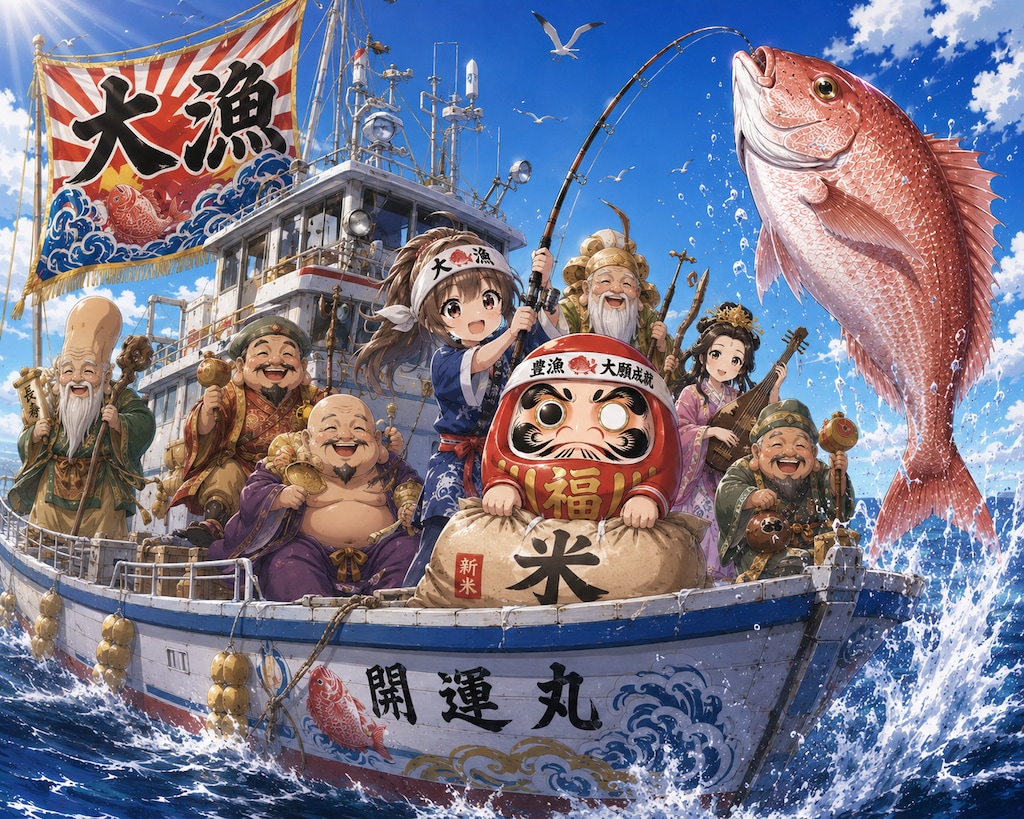 鯛釣り舟に米押し達磨