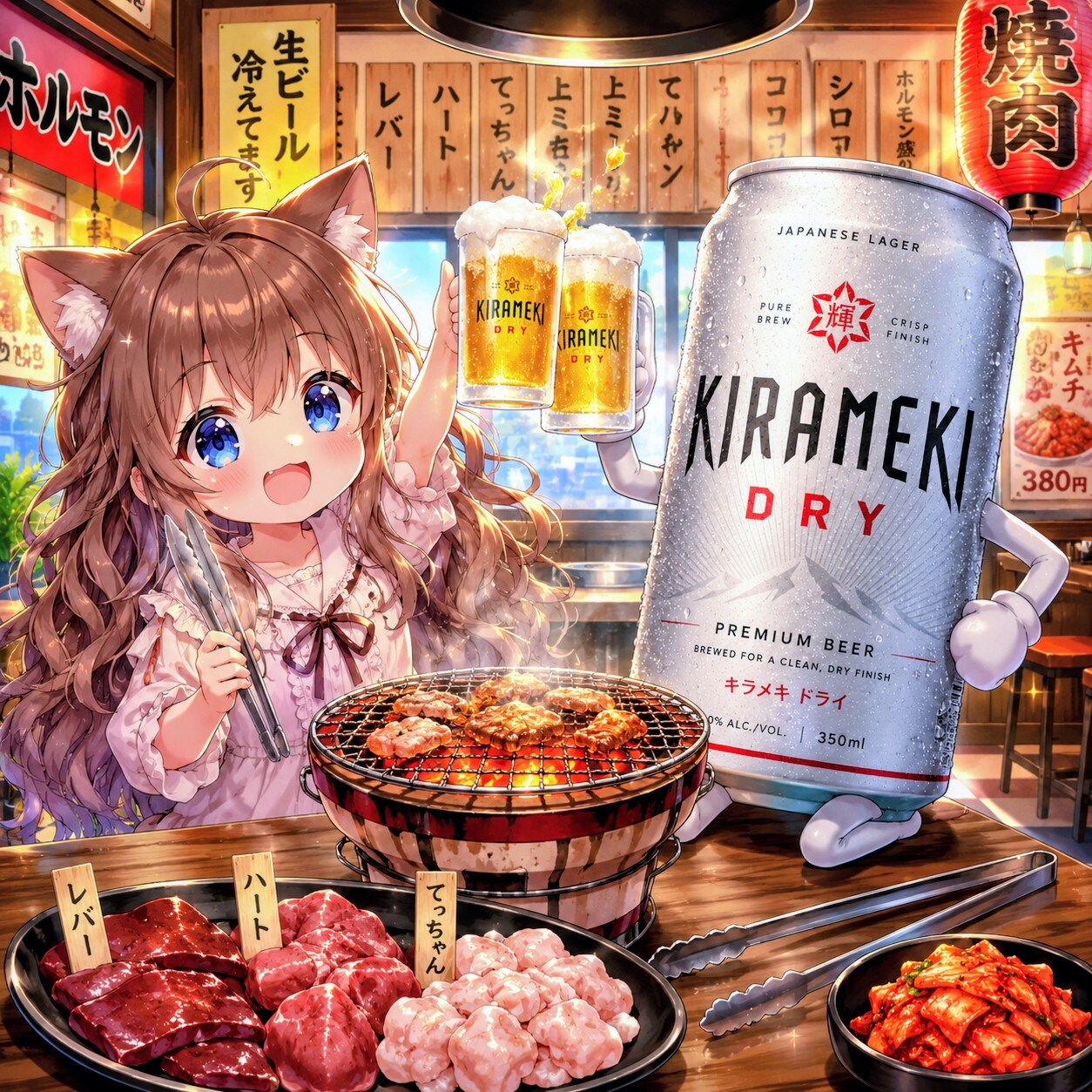 ホルモン焼き屋でビールを飲みながらホルモンを焼く小さな女の子
