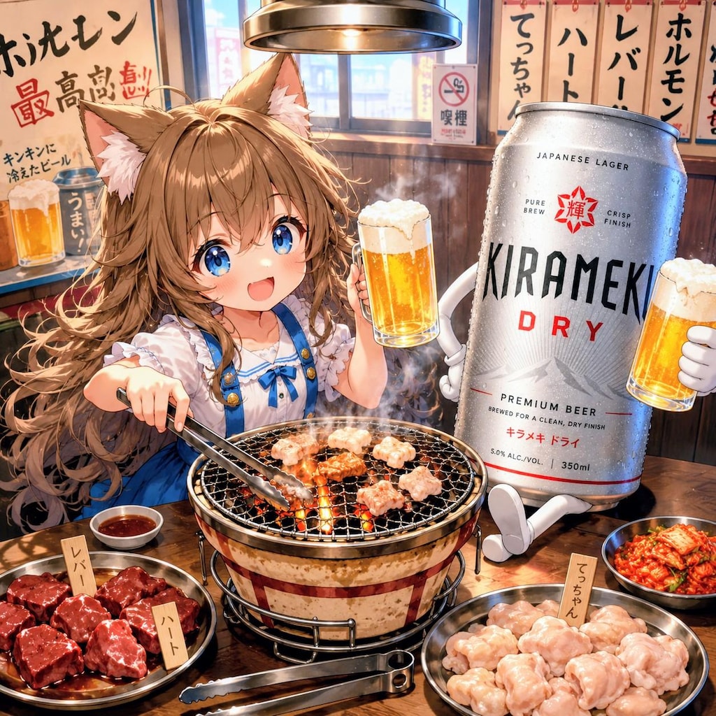 ホルモン焼き屋でビールを飲みながらホルモンを焼く小さな女の子