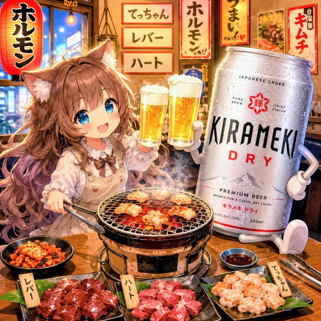 ホルモン焼き屋でビールを飲みながらホルモンを焼く小さな女の子