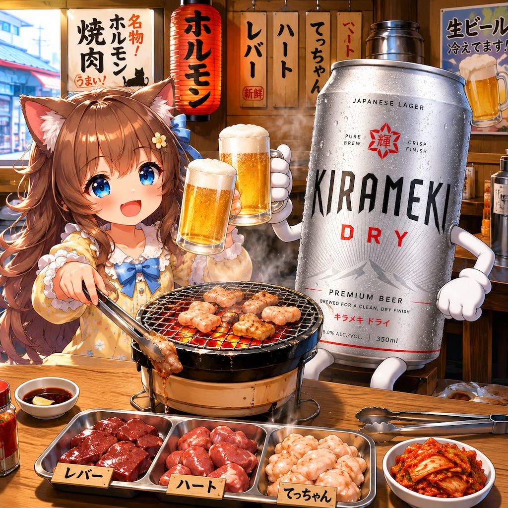 ホルモン焼き屋でビールを飲みながらホルモンを焼く小さな女の子