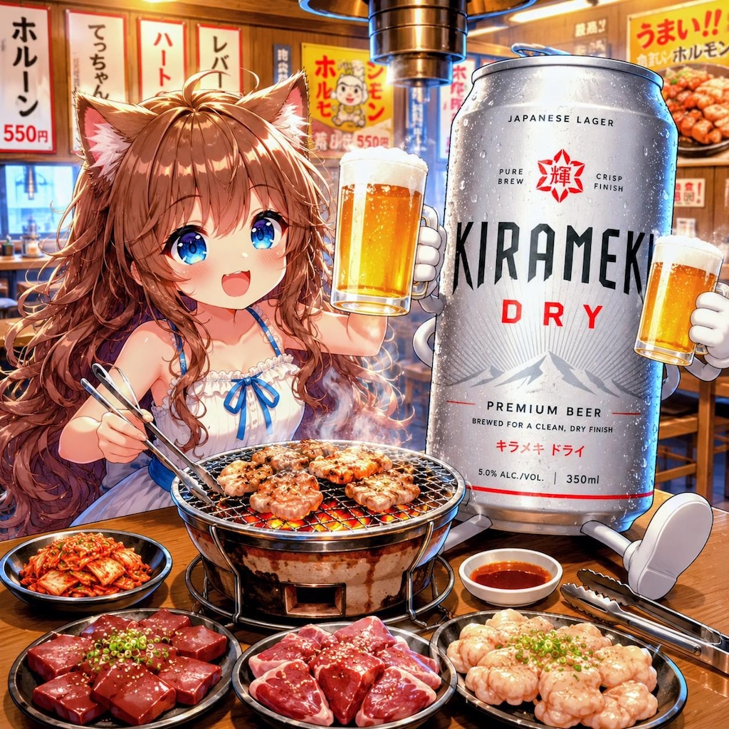 ホルモン焼き屋でビールを飲みながらホルモンを焼く小さな女の子