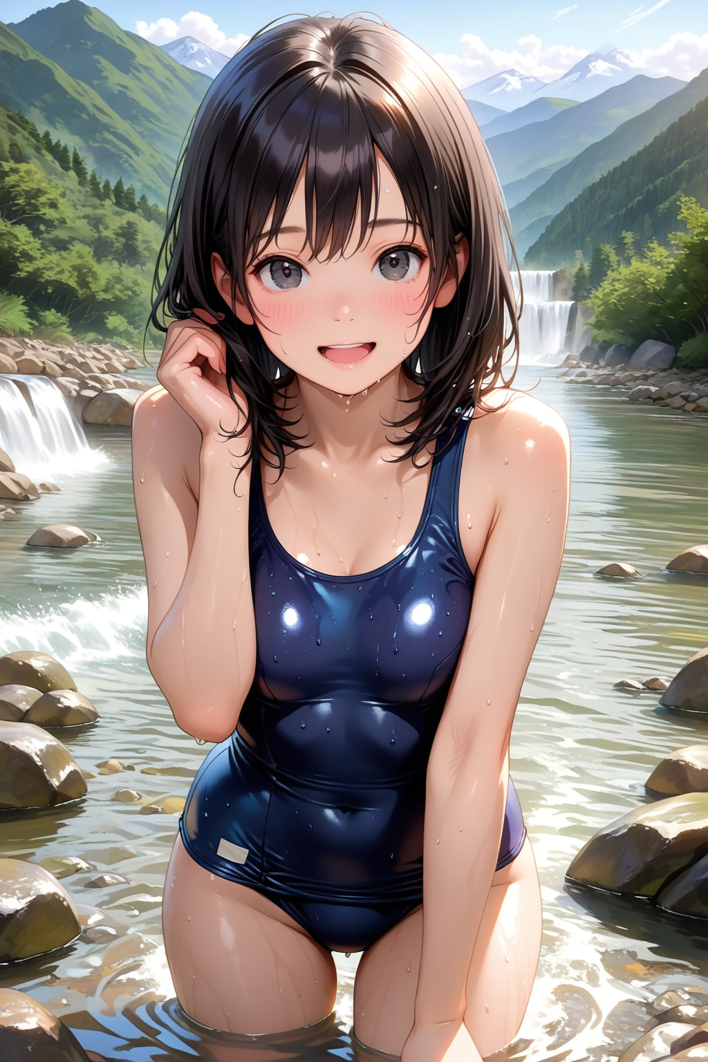 スク水で川遊び
