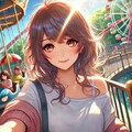 遊園地で楽しんでる女性、画風色々 2枚目