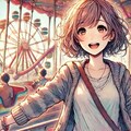 遊園地で楽しんでる女性、画風色々 4枚目