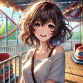 遊園地で楽しんでる女性、画風色々 3枚目