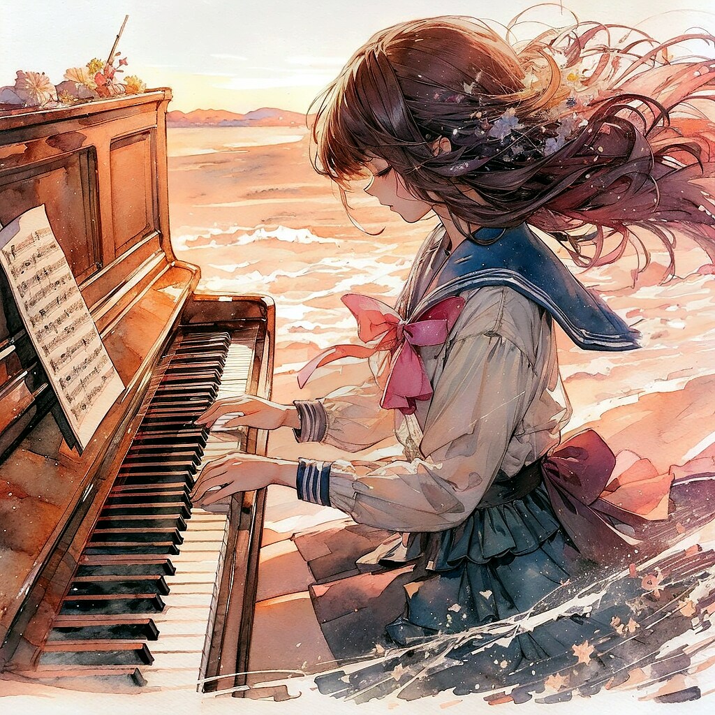 潮騒を聞きながら (ピアノを弾く少女③)