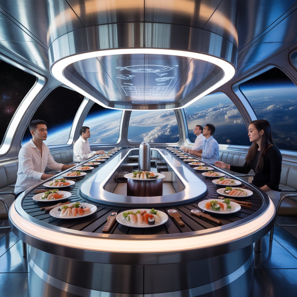 宇宙っぽい回転寿司のお店 | の人気AIイラスト・グラビア