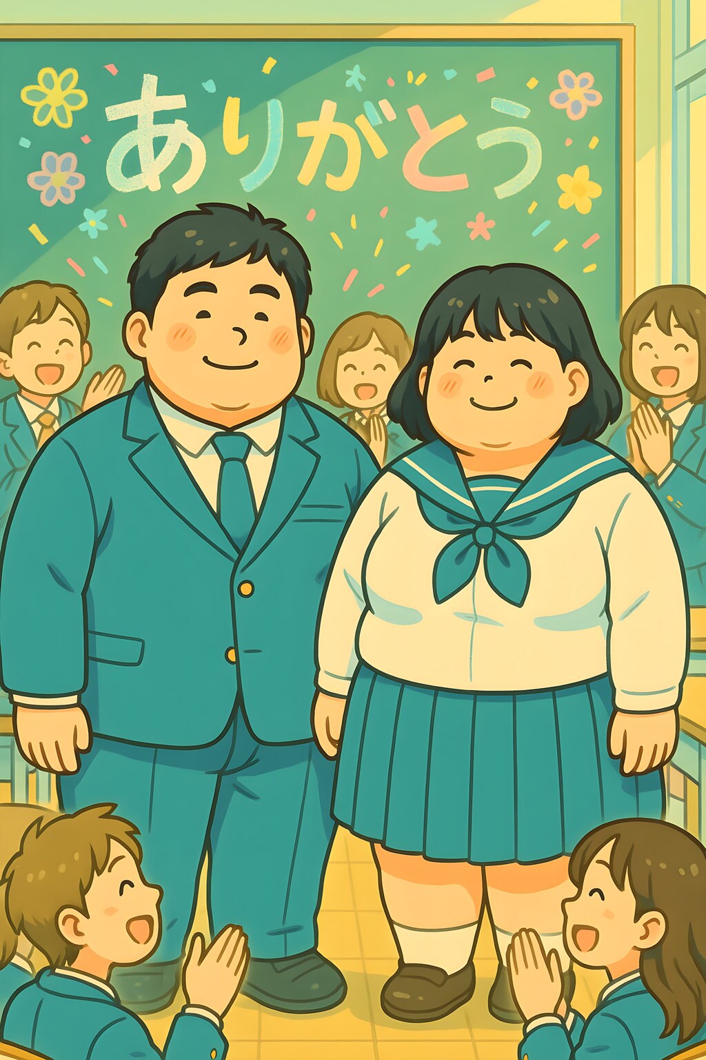 ぽっちゃり学園生が学園生から褒め称えられている様子