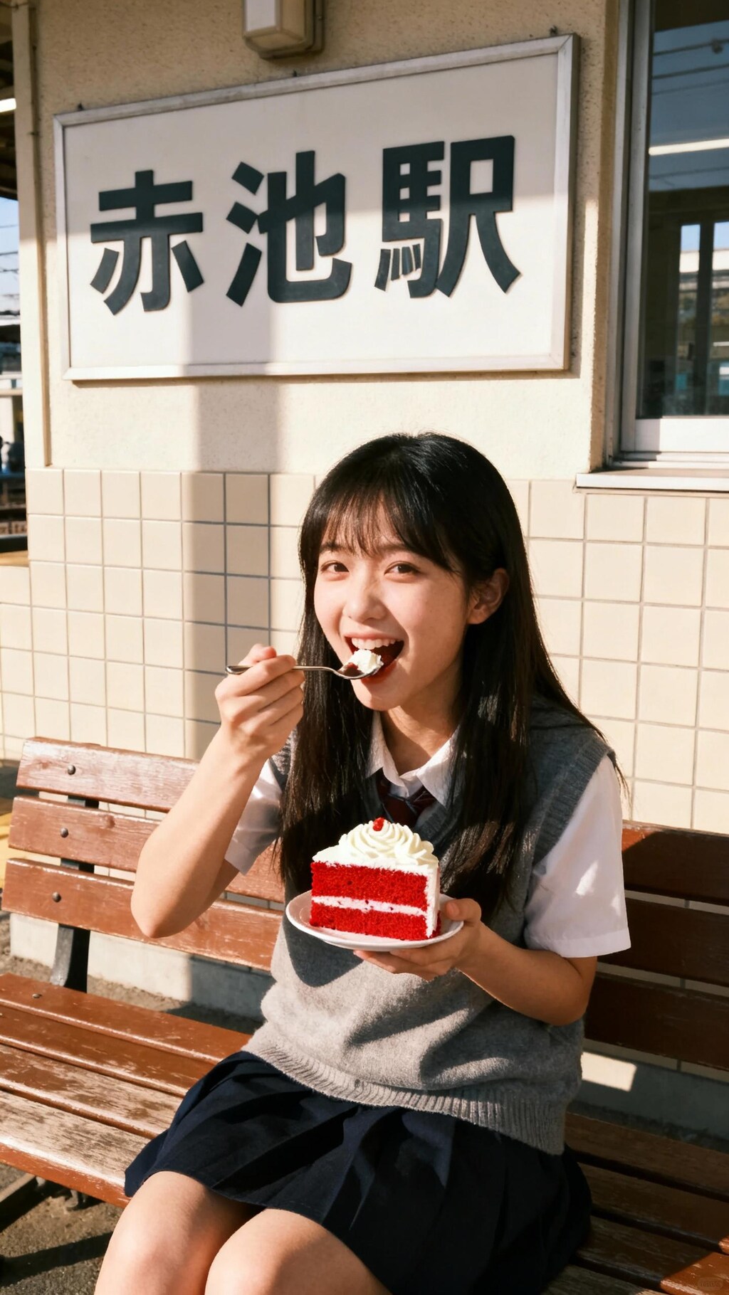 赤池駅で赤いケーキ