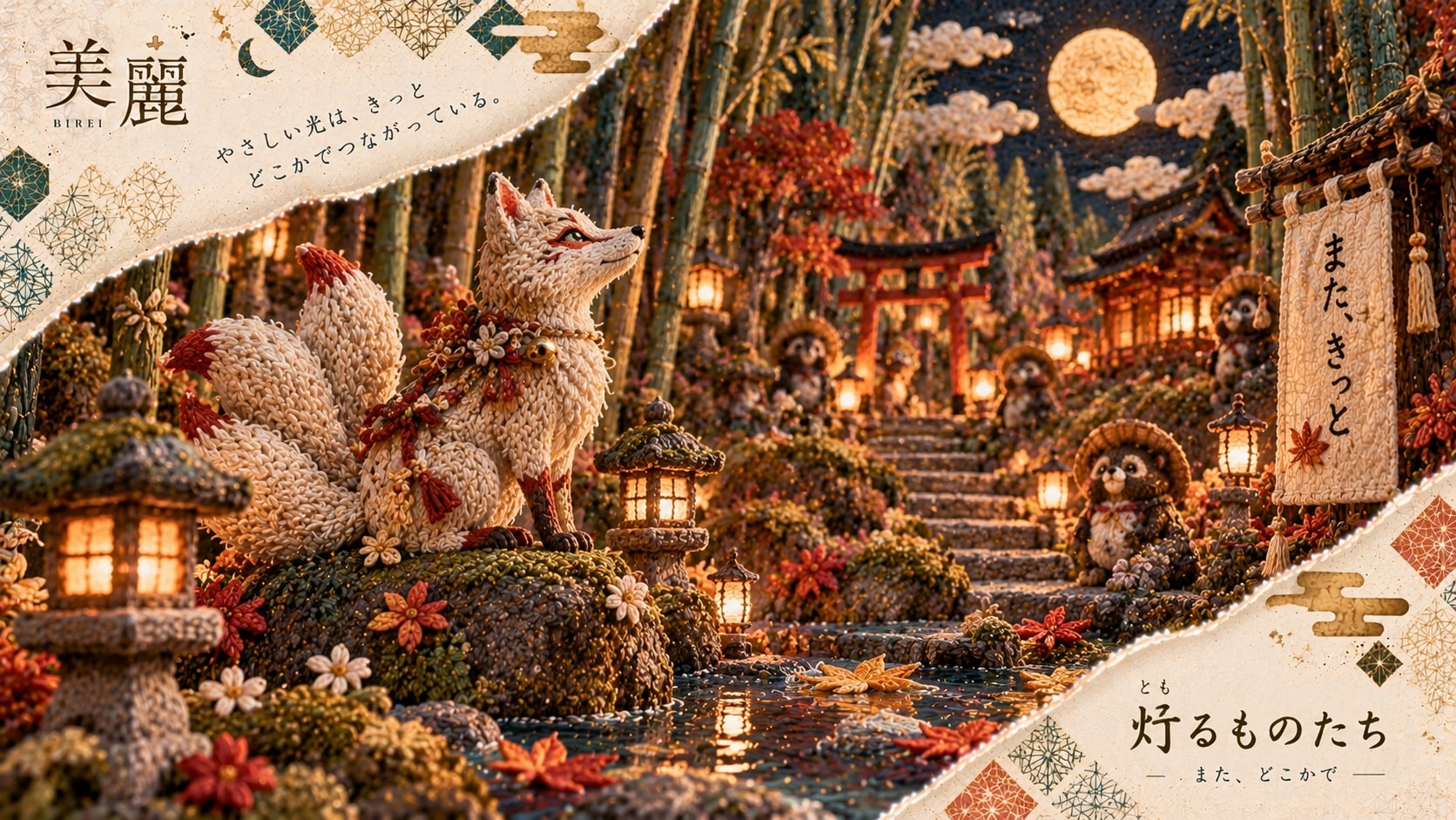 Mythical Fox Shrine  Set within a magical night landscape crafted entirely of intricate embroidery, | の人気AIイラスト・グラビア