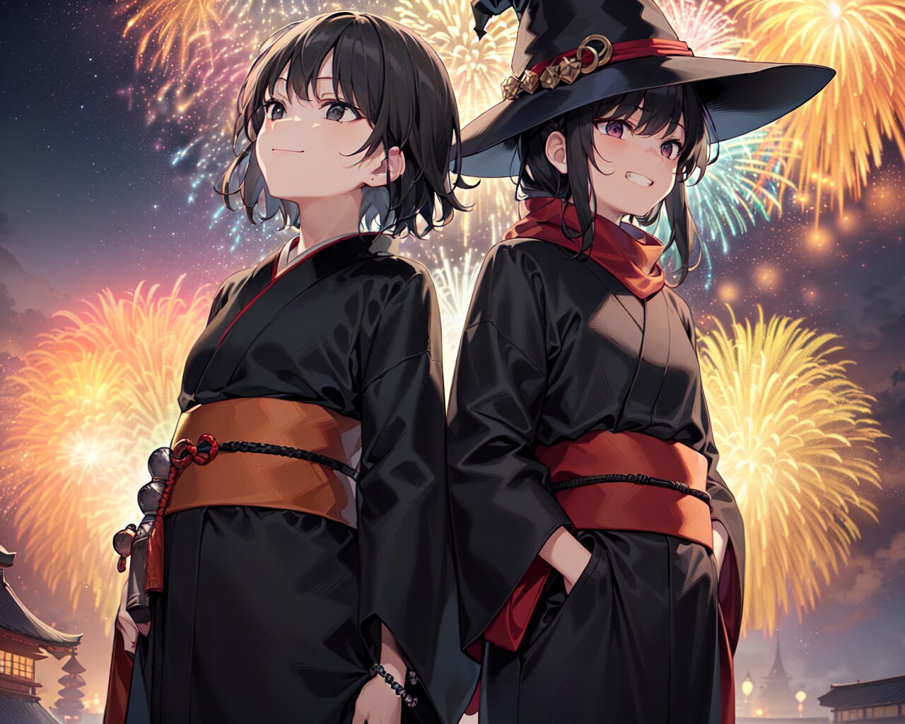 花火を見上げる僧侶と魔女