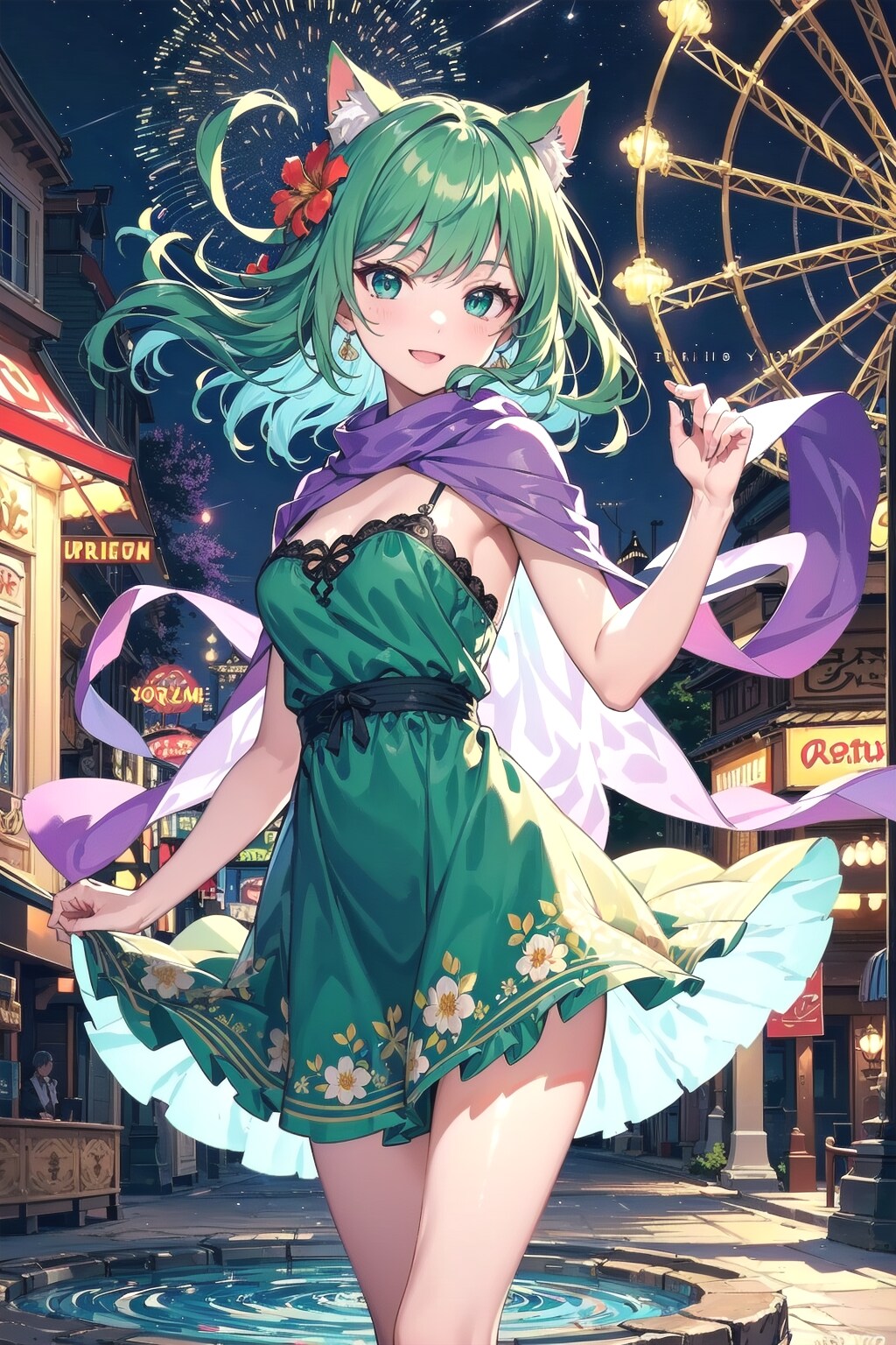 夜の遊園地で🎡