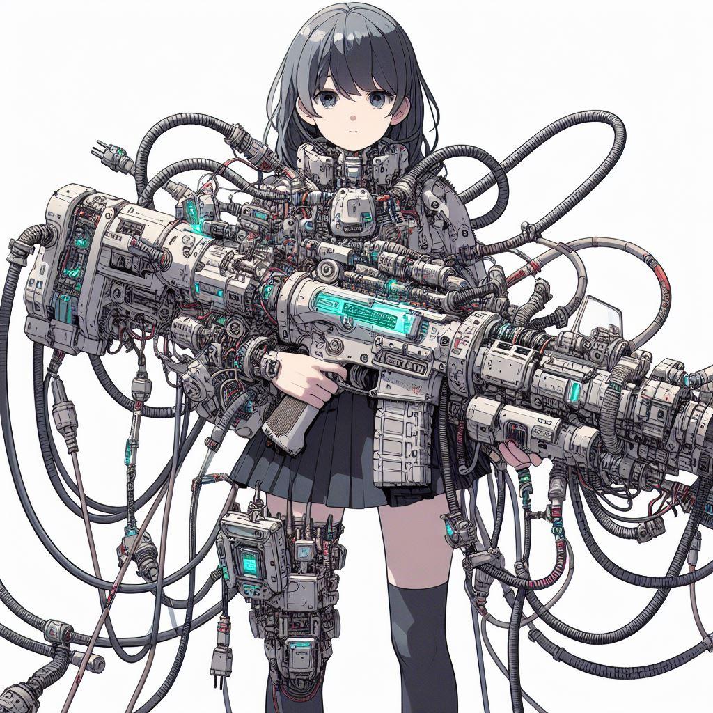 無数のコードが繋げられたSFチックな武器