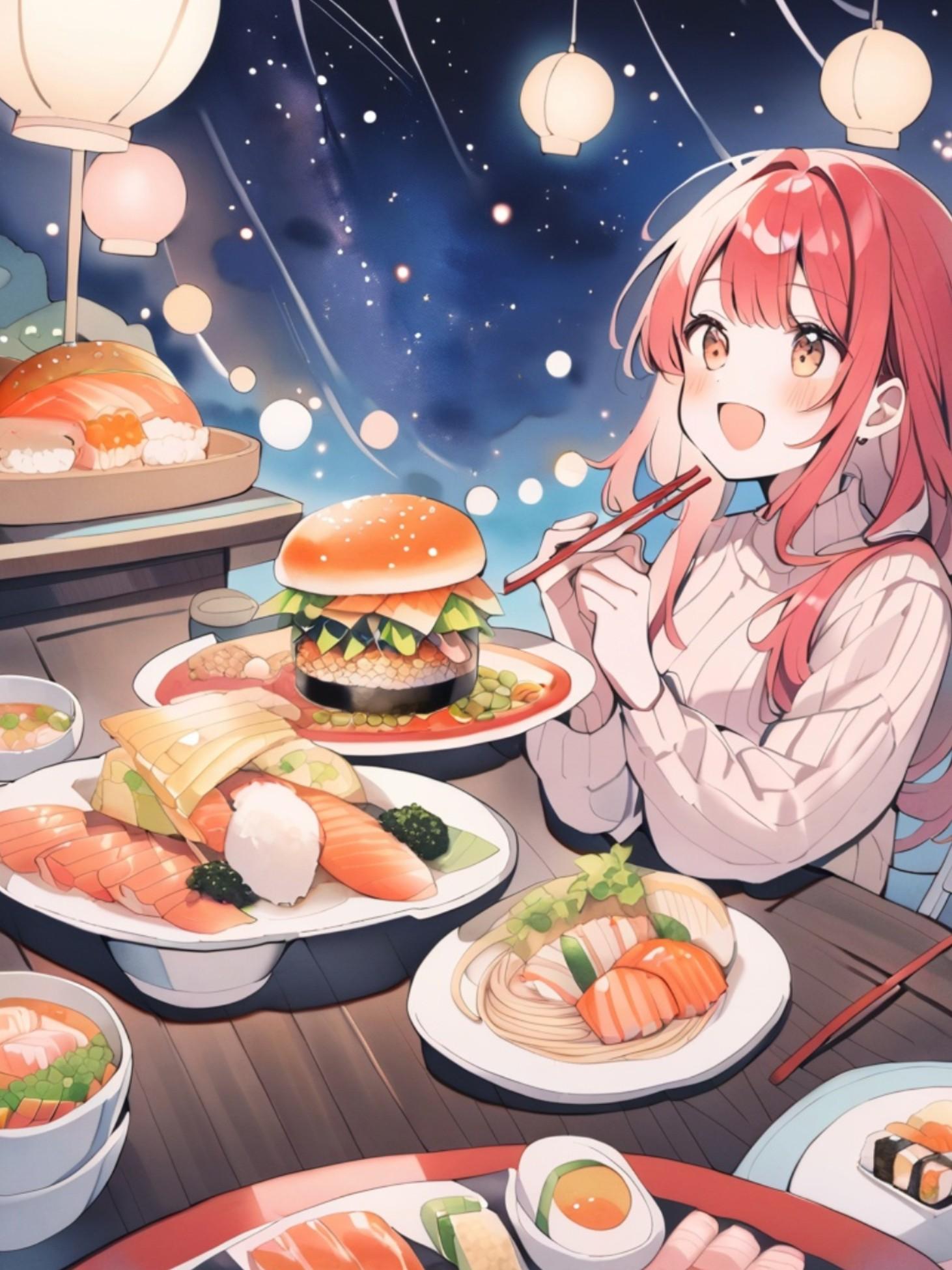 夜食を食べる赤髪ちゃん