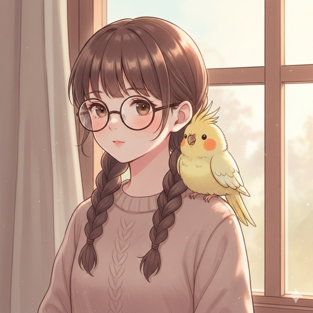 三つ編み少女とオカメインコさん。