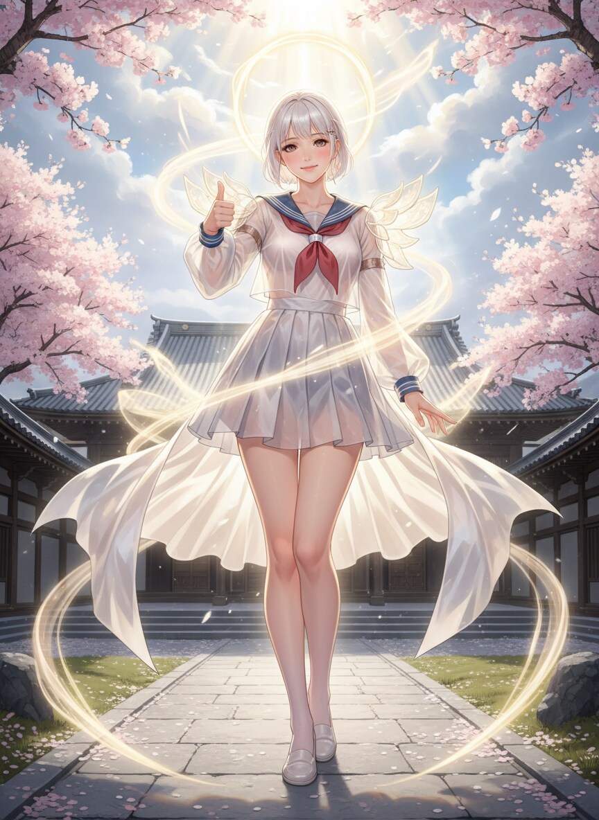 Having successfully synchronized with the energy of the heavens, she smiles shyly and gives a thumbs